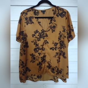 Torrid Marigold & Black Floral Satin Charmeuse Button Midi Blouse